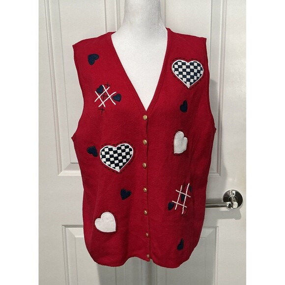 Liz Baker Sweater Vest Red Gold Buttons Hearts Valentine VINTAGE Y2K Women Large - Picture 1 of 6